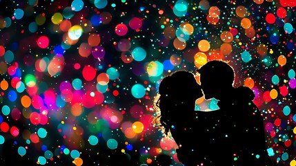 Couple kissing; Silhouetted; Background abstract festive light; Use Valentine's Day card, or party invite