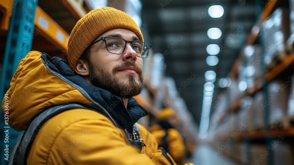 Poster A logistics worker in bright attire sits confidently in a warehouse filled with stacked packages. He observes the automated systems and efficiency of the distribution center during operation hours.