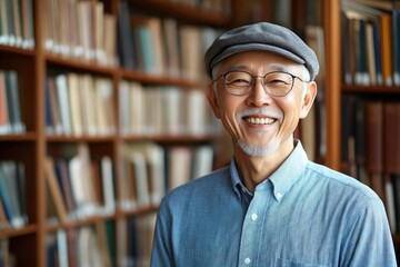 Elderly Scholar Standing Proud in Library