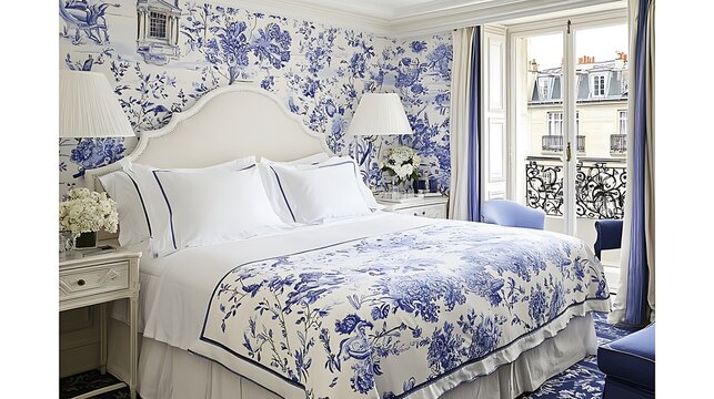 Cozy bedroom with floral prints opens to Paris balcony, building view. Interior design mock-up