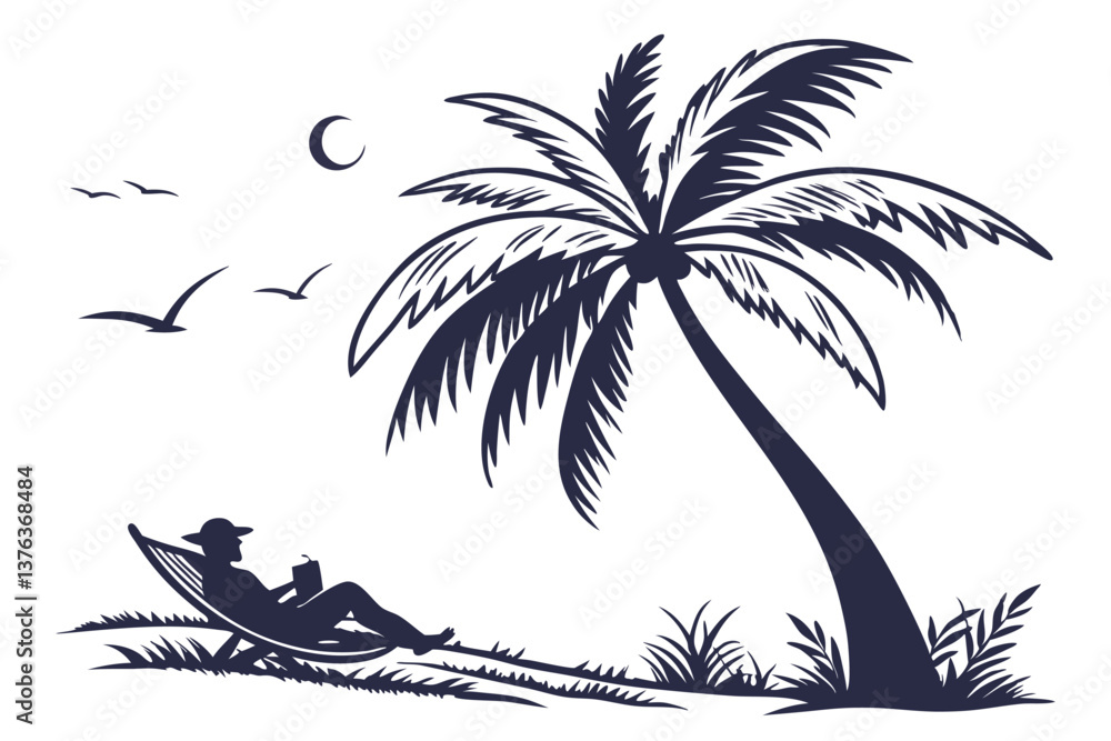 Aufkleber relaxing under a palm tree at sunset while reading a book on a sandy beach near the ocean, surrounde