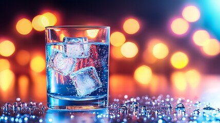 Close-up of a glass of water with ice cubes, with bokeh of night lights in the background and space for text on top