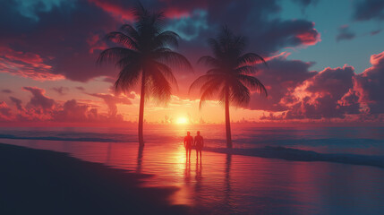 Romantic couple silhouetted at sunset on a tropical beach with palm trees vibrant sky and calm ocean