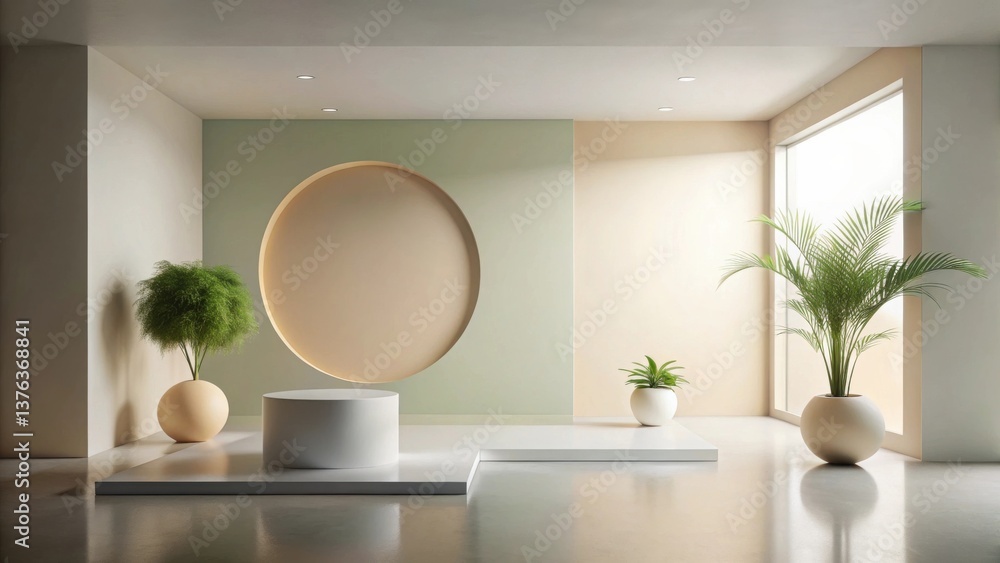 Poster serene minimalist interior design featuring a cylindrical display stand and lush potted plants in a 