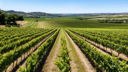 Lush vineyard rows stretching across rolling hills under blue sky