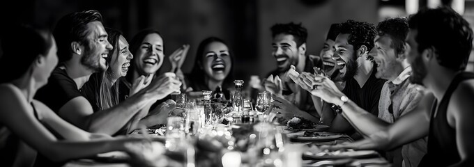 A group of friends sitting around a long table laughing