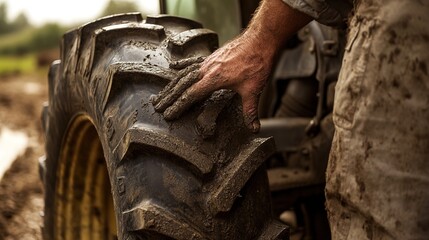 A realistic scene of inspecting a truck tire, a muddy hand checking a large truck tire covered in dirt, blurred background of fields and vehicles