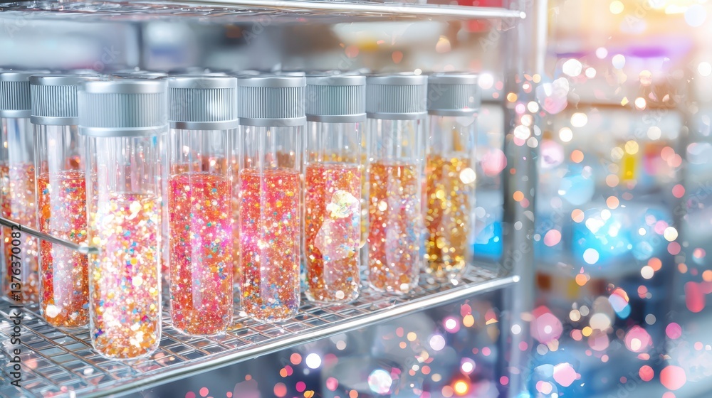 Poster experimenting with colorful liquid samples in science lab high-resolution render modern environment