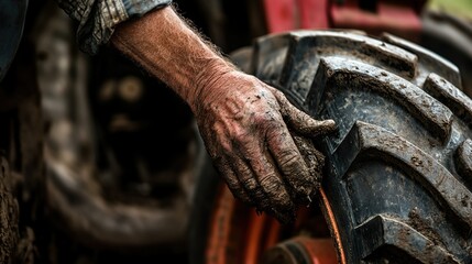 A realistic scene of inspecting a truck tire, a muddy hand checking a large truck tire covered in dirt, blurred background of fields and vehicles