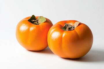 Two ripe orange persimmons with their green leafy tops are displayed