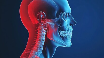 A futuristic human skeletal scan scene, a side view of a human skeleton in blue and red tones, highlighting the jaw and cervical spine, deep blue gradient background