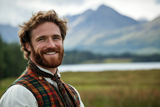 Portrait of a smiling Scottish man in traditional clothes generated with AI