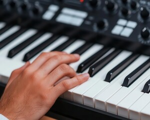 Fototapeta premium Closeup of a person using a BCI to compose music, representing creative progress through neural technology