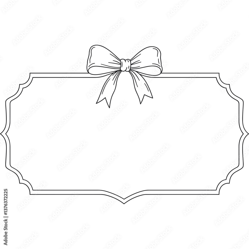 Poster blank label with bow on top of decorative frame for text or image in outline style as template for d
