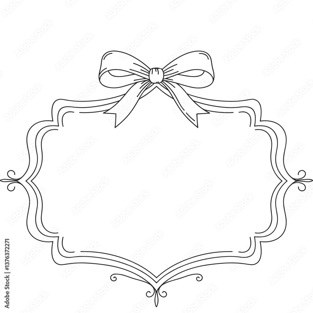 Poster decorative frame with bow outline design for invitation card or label. elegant frame with ribbon bow