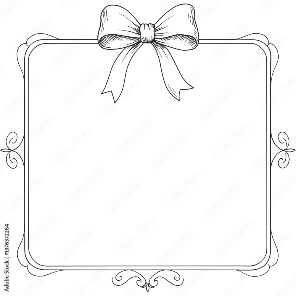 Poster decorative frame with bow border for invitation card design. vintage square frame with ribbon bow in