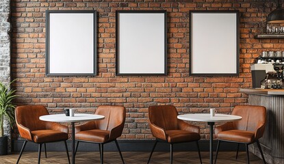 A cozy coffee shop scene with brown leather chairs and a round table, coffee cups on the table, brick wall and blank picture frames in the background
