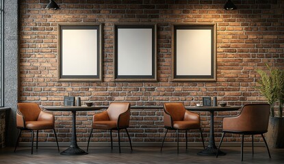 A cozy coffee shop scene with brown leather chairs and a round table, coffee cups on the table, brick wall and blank picture frames in the background
