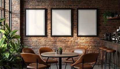 A cozy coffee shop scene with brown leather chairs and a round table, coffee cups on the table, brick wall and blank picture frames in the background