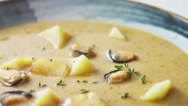 Close-up of creamy seafood chowder featuring potatoes, shellfish, and herbs in a blue ceramic bowl