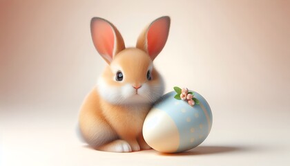 cute, fluffy easter bunny with easter eggs  on beige background