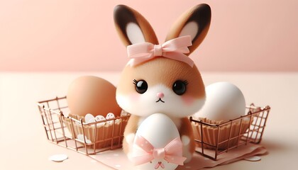 cute illustration of easter bunny with easter eggs in basket on pink background