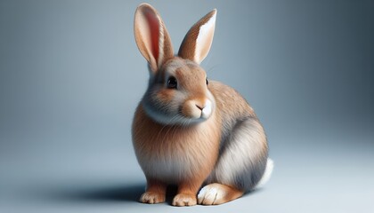 cute, fluffy and big-eared hare on a gray plain background