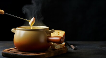 Cheese fondue in pot with fork and steam on dark background