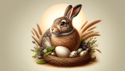 Easter bunny in a basket with eggs on a beige background