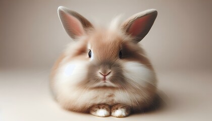 cute, fluffy and big-eared hare on a light brown plain background