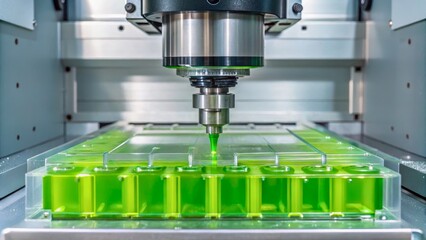 Advanced CNC Machine Cutting Transparent Material with Green Liquid