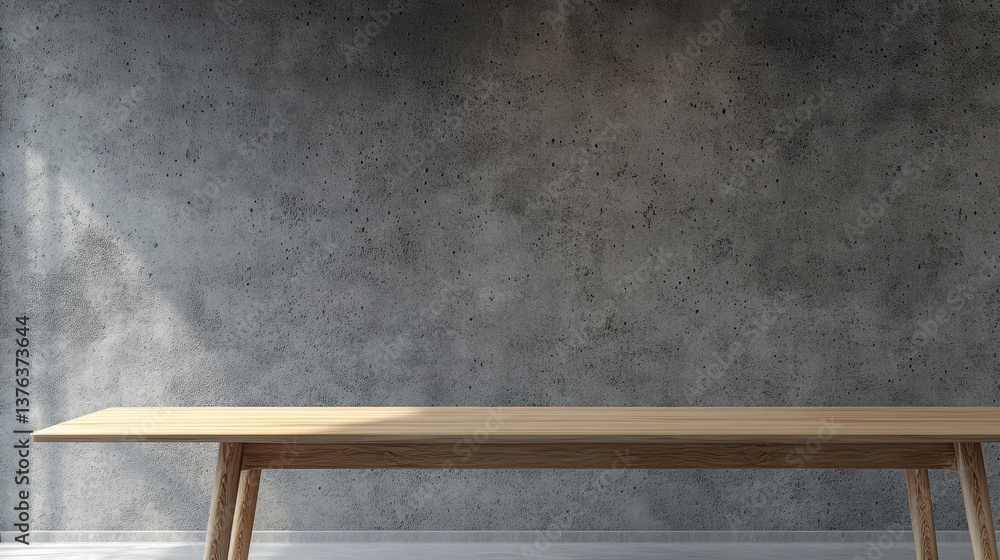 Poster long light-colored wooden table illuminated by sunlight in front of textured gray concrete wall crea