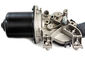 Auto parts for car repairs. An electric motor with a gearbox and a spline rod for the car wiper blade mechanism. A detail for a car on a white background.