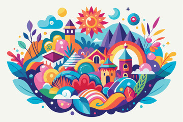 Colorful vector illustration of a vibrant landscape featuring a whimsical village, lush foliage, and playful elements against a bright background