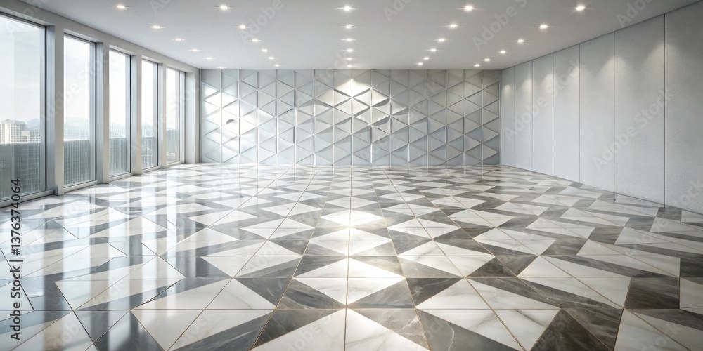 Poster modern empty room with geometric floor and wall design, ideal for presentations or product displays