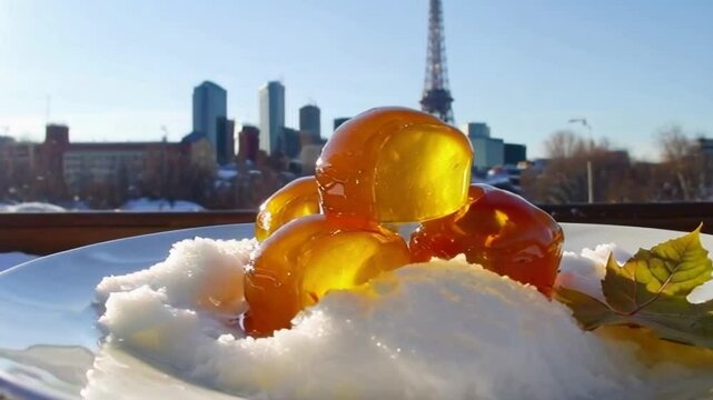 A plate of jelly beans is on a table with a leaf on top. The jelly beans are yellow and the leaf is green. The scene is set in a city with a view of the Eiffel Tower in the background