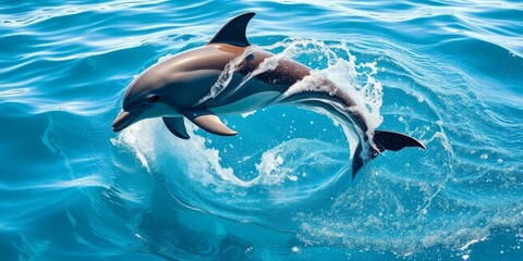 Fototapeta premium A playful dolphin leaps through the vibrant ocean, creating a mesmerizing display of aquatic grace and energy.