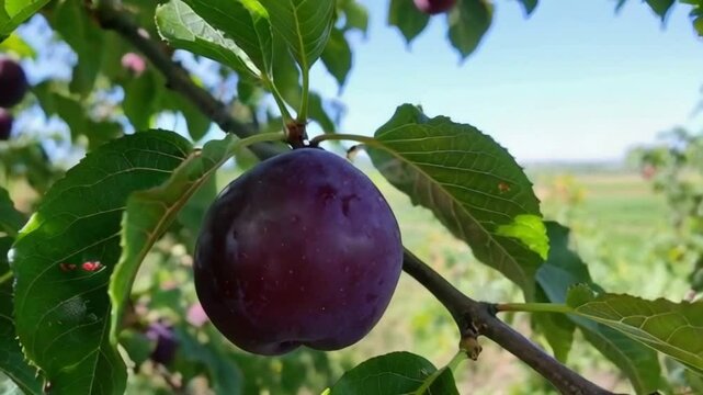 A ripe purple plum hangs from a tree. The tree is full of green leaves and the sky is clear and blue