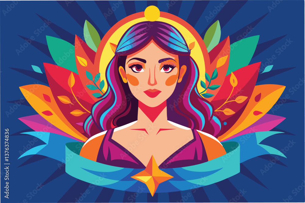 Poster vivid vector illustration of a confident woman surrounded by colorful foliage and decorative element