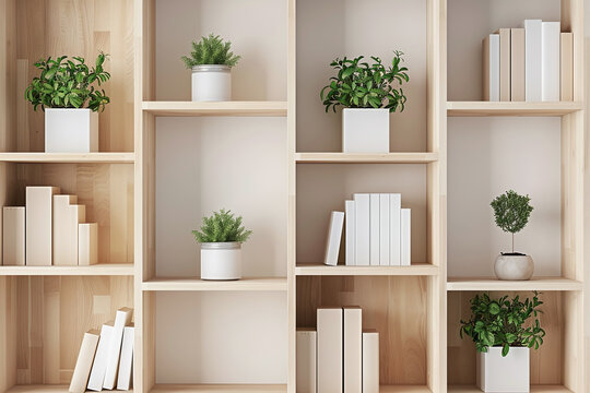 Modern wall mounted storage shelves with a mix of open and closed units, perfect for organizing books and decor in a living room or home office.