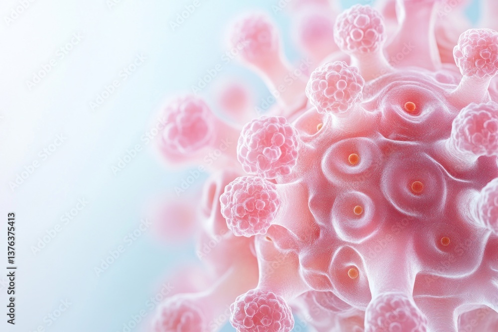 Poster this macro view showcases a pink cancer cell with distinct features set against a calming blue atmos