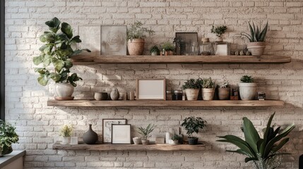 Rustic Shelves with Plants and Artwork
