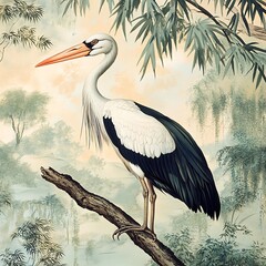 Stunning stork perched on tree branch with peaceful background view high resolution picture