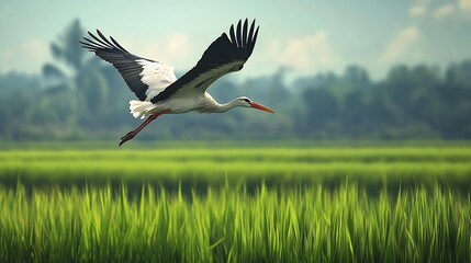 Stunning stork soaring above green farmland with clouds in sky high resolution picture
