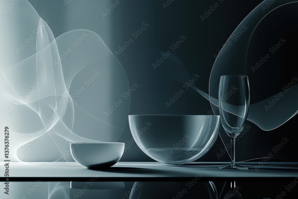 Poster elegant glassware displayed artistically with soft lighting in a modern setting