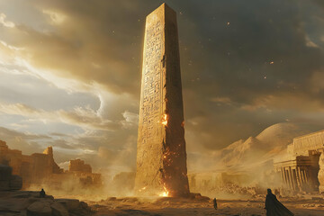 Tall Monolithic Structure Bathed in Golden Light Amidst Dusty Landscape