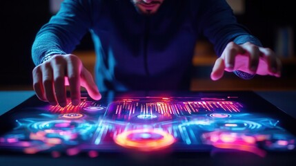 Designer interacting with a floating holographic interface, showcasing creativity in digital art and holographic displays