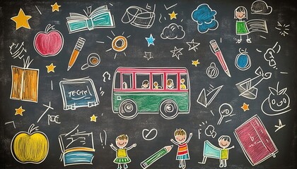 A playful chalkboard doodle scene, a blackboard covered with colorful chalk drawings of various objects like a school bus, books, globe, apple, stars