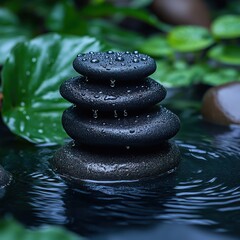 Stack of hot stones with drops of water and tropical leaves in background