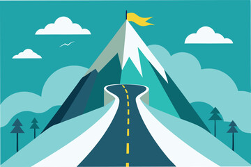 Mountain landscape with winding road and flag at peak during clear day showcases serene nature and adventure vibes to inspire travelers and outdoor enthusiasts